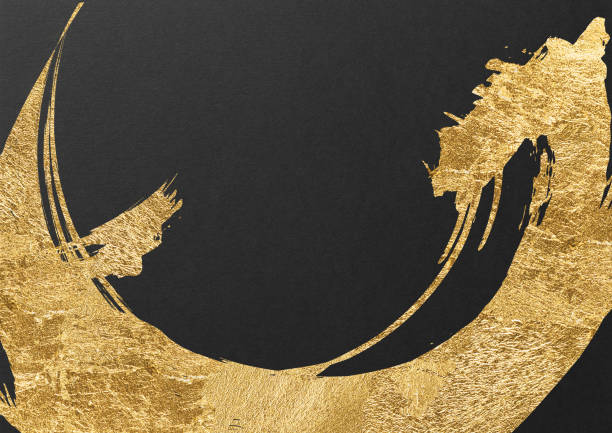Japanese style abstract background with space for text. Gold curved brush strokes on the left. Dark vintage style template. black background.