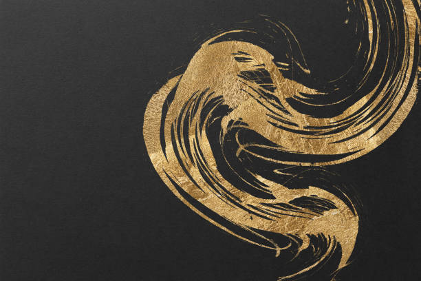 istock Japanese style abstract background with space for text. Gold curved brush strokes on the left. Dark vintage style template. black background. 1497797032