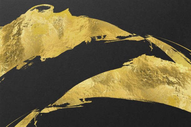 istock Japanese style abstract background with space for text. Gold curved brush strokes on the left. Dark vintage style template. black background. 1497797046