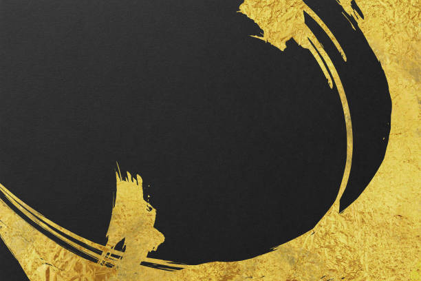 Japanese style abstract background with space for text. Gold curved brush strokes on the left. Dark vintage style template. black background.