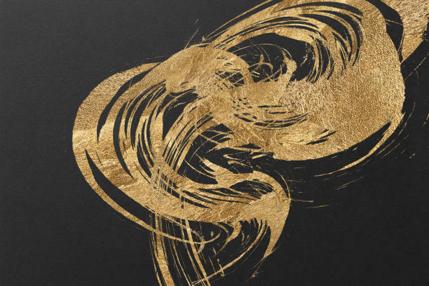istock Japanese style abstract background with space for text. Gold curved brush strokes on the left. Dark vintage style template. black background. 1497797086
