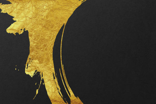 istock Japanese style abstract background with space for text. Gold curved brush strokes on the left. Dark vintage style template. black background. 1497797098