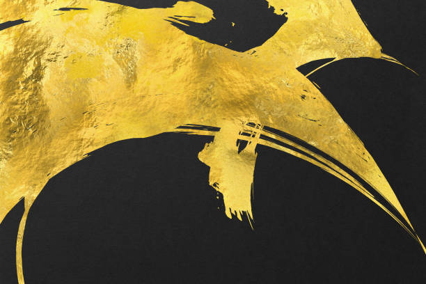 istock Japanese style abstract background with space for text. Gold curved brush strokes on the left. Dark vintage style template. black background. 1497797111