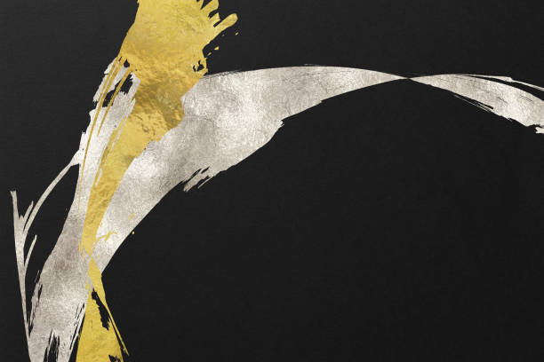 Japanese style abstract background with space for text. Gold curved brush strokes on the left. Dark vintage style template. black background.