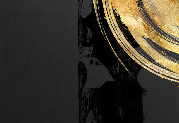 istock Japanese style abstract background with space for text. Gold curved brush strokes on the left. Dark vintage style template. black background. 1497797141