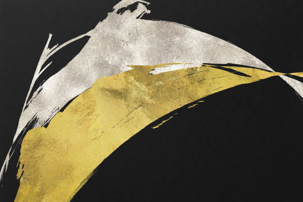 istock Japanese style abstract background with space for text. Gold curved brush strokes on the left. Dark vintage style template. black background. 1497797176