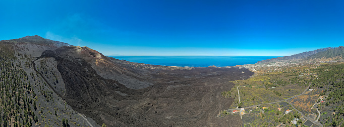 Aerial view of destruction crater aftermath of  2021 Volcano explosion in La Palma