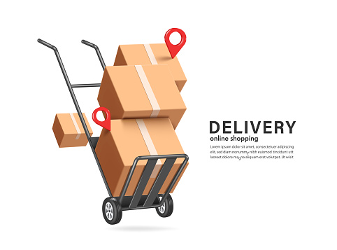 Parcel boxes or cardboard boxes are stacked on top of trolleys used in warehouse and 
red pin location for customer delivery place on top, vector 3d isolated for ecommerce, delivery, online shopping