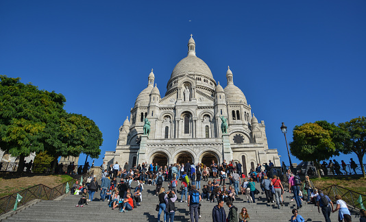 Paris, France - Oct 4, 2018. Basilica of the Sacre Coeur on Montmartre Hill, dedicated to the Sacred Heart of Jesus in Paris, France.