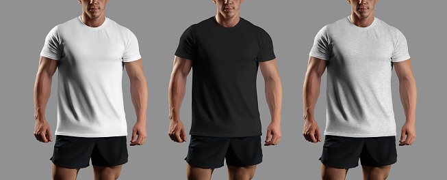 Mockup of white, black, heather t-shirt on athletic man, front view, gym clothes, isolated on background. Presentation of the sportswear set. Training apparel template for branding, design, commerce.