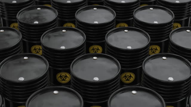 Looping animation of the black barrels with biohazardous waste