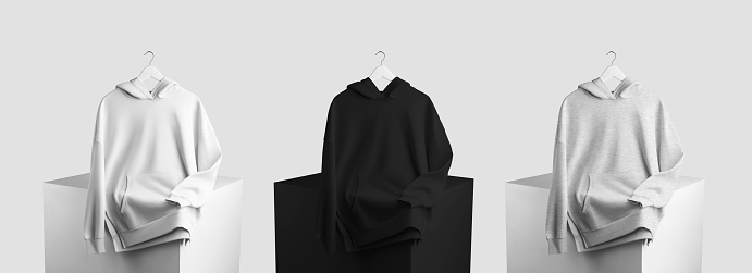 Mockup of white, black, heather hoodies on a hanger with clouds on a cube, front view, presentation of a sweatshirt isolated on a background. Template longsleeve with hood, wrinkles. Streetwear set