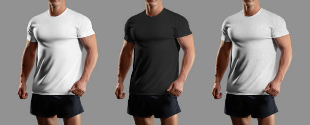 istock White, black, heather t-shirt template on an athletic man in shorts, front view, apparel for branding, design, commerce. Set. 1497801316