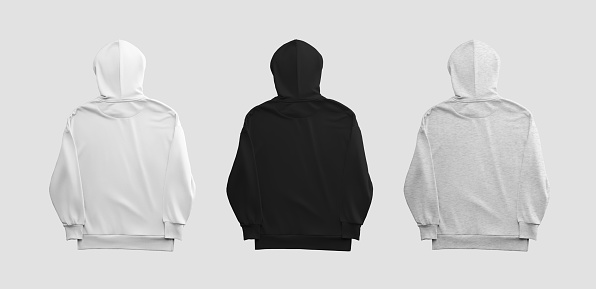 Mockup of white, black, heather hoodie, back view, presentation of clothes for advertising, commerce, isolated on background. 
Apparel set for brand design. Template fashion unisex wear