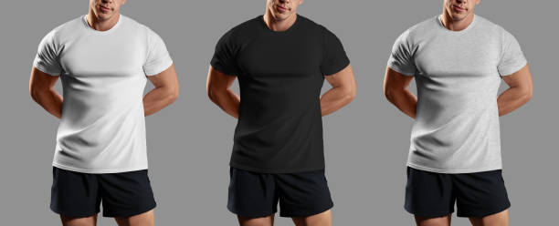 istock White, black, heather t-shirt mockup on athletic body with hands behind back, front view, menswear for branding, design, commerce. Set 1497801482