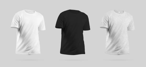 istock White, black, heather t-shirt template in motion, 3D rendering, with wrinkles, clothes with label for brand, design, advertising. Apparel set 1497801497