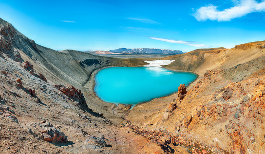 Breathtaking view of famous crater Viti at Krafla geothermal area . Location: Krafla caldera, Myvatn region, North part of Iceland, Europe