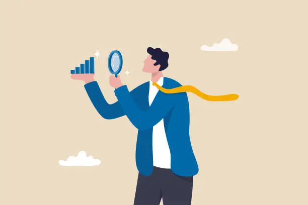 Vector illustration of Company transparency, business analysis or report, information or statistic, search for market growth, economic or improvement concept, businessman look through magnifying glass analyze graph.