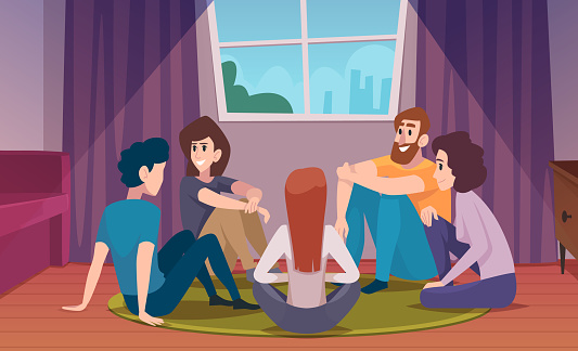 People sitting. Male and female characters sitting knees in room interior exact vector background template in cartoon style of meeting guy students communication illustration