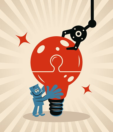 Blue Cartoon Characters Design Vector Art Illustration.
An artificially intelligent robot arm helps the blue man to complete the jigsaw puzzle of the big idea light bulb.