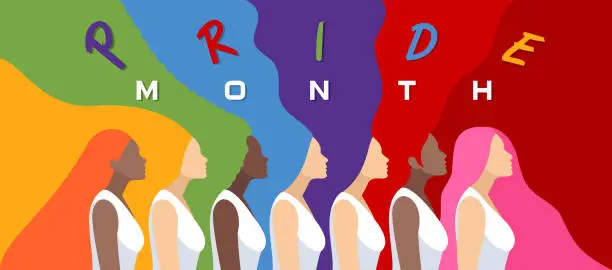 Vector illustration of Pride parade. Colorful LGBT pride month banner. Multi-ethnic group. Beautiful women with long and abstract hair.