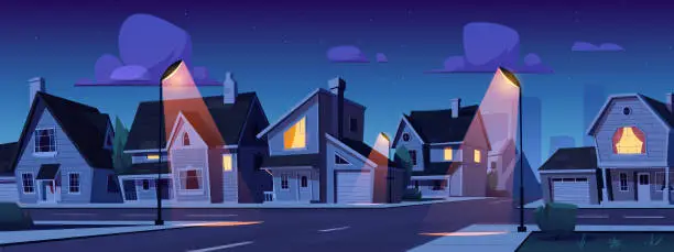Vector illustration of Cartoon suburban town street at night