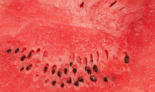 Bright juicy cut watermelon slice closeup detail macro shot with copy space. Top view