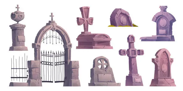 Vector illustration of Cartoon set of old cemetery design elements