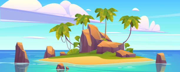 Uninhabited tropical island in ocean Uninhabited tropical island in ocean. Vector cartoon illustration of piece of land with sandy shore, rocky mountain, exotic palms, stones in sea water under blue sunny sky. Adventure game background bay cartoon stock illustrations