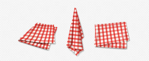 3d kitchen towel cloth, tablecloth picnic napkin 3d kitchen towel cloth top view isolated vector. Red tablecloth napkin for picnic with gingham plaid texture on transparent background. Realistic checkered linen cotton set for vintage restaurant restaurant table side view stock illustrations