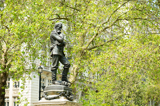 London, UK - June 1, 2023: The statue from 1887 of Charles Gordon (1833 - 1885) on the Embankment in London. He was famous military figure of the day and was killed in the defence of Khartoum by Sudanese rebels led by Muhammad Ahmad al-Mahdi.