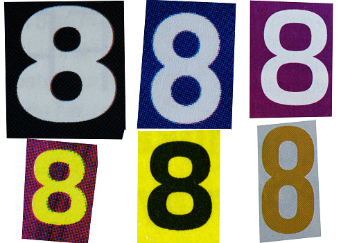 Number 8 magazine cut out font, ransom letter, isolated collage elements for text alphabet, ransom note, hand made and cut from Old newspaper magazine cutouts, high quality scan.