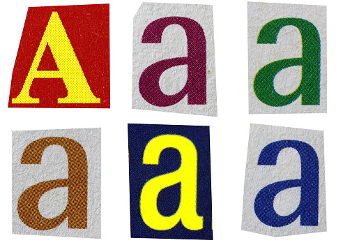 Letter a magazine cut out font, ransom letter, isolated collage elements for text alphabet, ransom note, hand made and cut from Old newspaper magazine cutouts, high quality scan.
