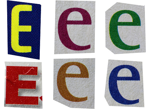 Letter e magazine cut out font, ransom letter, isolated collage elements for text alphabet, ransom note, hand made and cut from Old newspaper magazine cutouts, high quality scan.