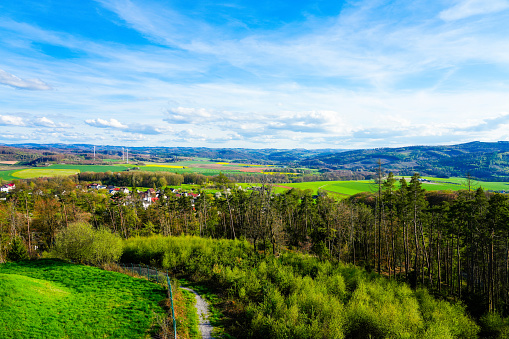 Landscape at Ebberg near Balve. Green nature with forests and meadows.