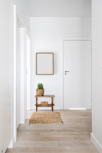 cozy hallway with light design, closed door, wood bench with houseplant in wicker basket, blank picture in frame on wall and carpet on floor
