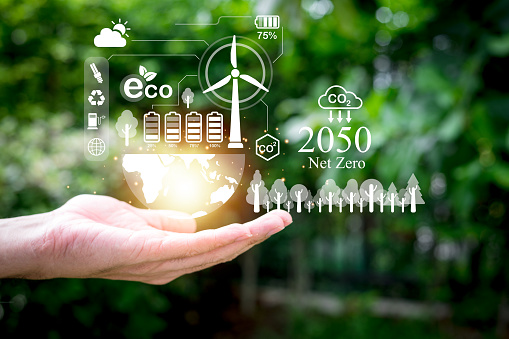 The concept of carbon neutral and net zero. natural environment Climate-neutral long-term strategy Emission target with green mesh icon centered on hand cover and green background.