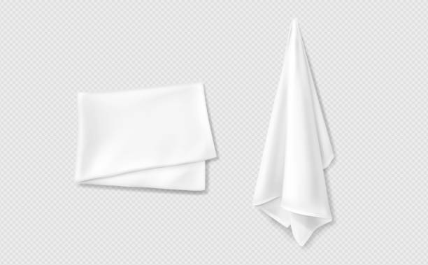 3d white mockup of kitchen towel vector design 3d white mockup of kitchen towel vector design. Realistic fabric clean and folded handkerchief for restaurant or hotel isolated on transparent background. Dry absorbent cloth cover to hang linen set restaurant table side view stock illustrations