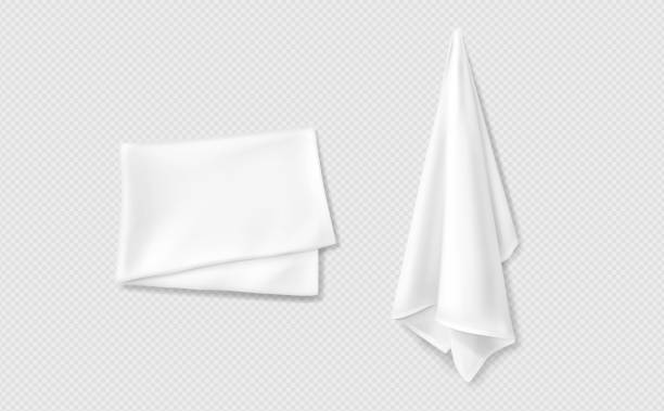 3d white mockup of kitchen towel vector design 3d white mockup of kitchen towel vector design. Realistic fabric clean and folded handkerchief for restaurant or hotel isolated on transparent background. Dry absorbent cloth cover to hang linen set washcloth stock illustrations