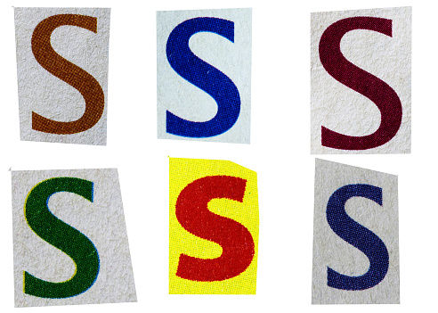 Letter s magazine cut out font, ransom letter, isolated collage elements for text alphabet, ransom note, hand made and cut from Old newspaper magazine cutouts, high quality scan.