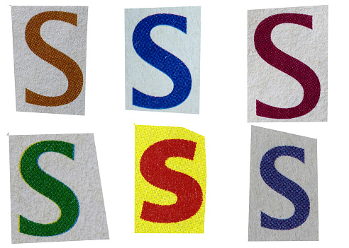 Letter s magazine cut out font, ransom letter, isolated collage elements for text alphabet, ransom note, hand made and cut from Old newspaper magazine cutouts, high quality scan.