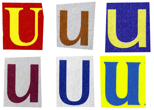 Letter u magazine cut out font, ransom letter, isolated collage elements for text alphabet, ransom note, hand made and cut from Old newspaper magazine cutouts, high quality scan.