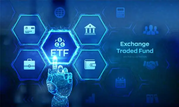 Vector illustration of ETF. Exchange traded fund stock market trading investment financial concept on virtual screen. Stock market index fund. Business Growth. Robotic hand touching digital interface. Vector illustration.