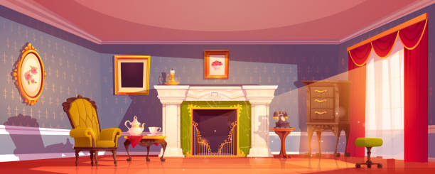 Cartoon royal living room interior with fireplace Cartoon royal living room interior with fireplace. Vector illustration of luxury house furnished with victorian style armchair and table, drawer and retro telephone, pictures on walls. Rich home cartoon palace stock illustrations