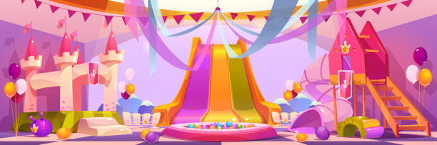 Cartoon playground for kids leisure Cartoon playground for kids leisure. Vector illustration of play room in shopping mall, school, kindergarten with princess castle trampoline, dry pool, slide, air balloons. Childrens activity zone central european time stock illustrations