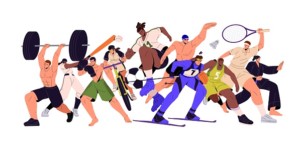 Different athletes of all sport types. Multi, mix of sportsmen, active community, group in action. Boxing, soccer, ski championship concept. Flat vector illustration isolated on white background.