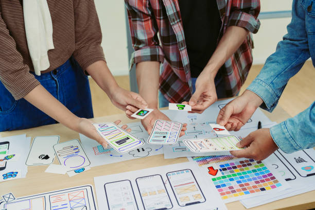istock Team of Creative Web, Graphic Designer planning for mobile phone, drawing website ux ui app for mobile phone application and development template layout, process to developing prototype wireframe. 1497809711