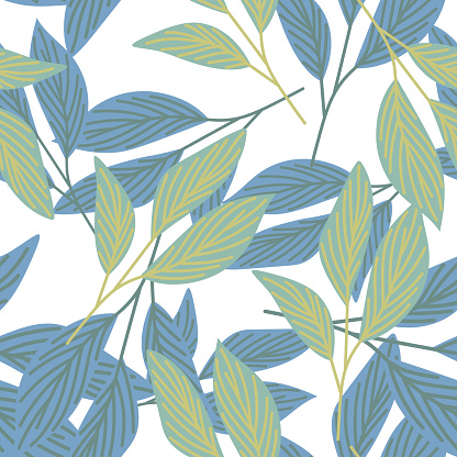 Organic leaves seamless pattern in simple style. Botanical background. Decorative forest leaf wallpaper. For fabric design, textile print, wrapping paper, cover. Vector illustration