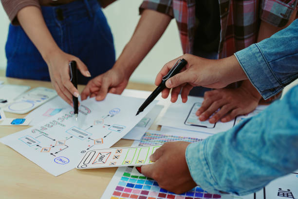istock Team of Creative Web, Graphic Designer planning for mobile phone, drawing website ux ui app for mobile phone application and development template layout, process to developing prototype wireframe. 1497810760