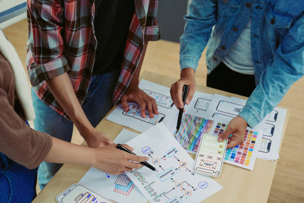 istock Team of Creative Web, Graphic Designer planning for mobile phone, drawing website ux ui app for mobile phone application and development template layout, process to developing prototype wireframe. 1497811288